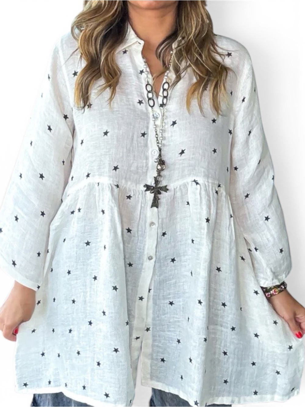 Linen Button-Up Star Print Dress Tunic Top Duster